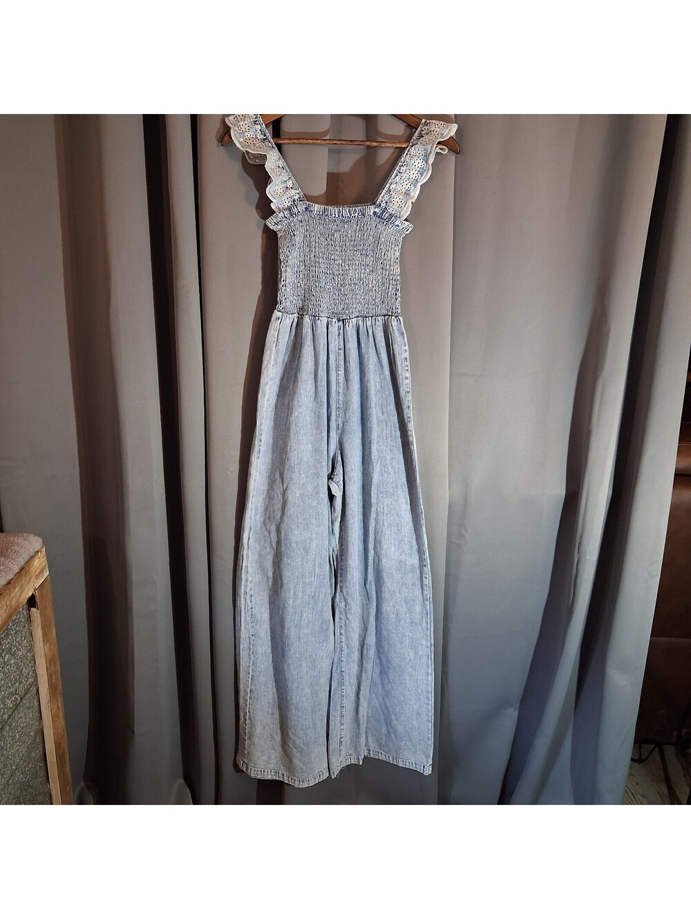 Bibi Light Blue Denim Wide Leg Jumpsuit with Lace Straps